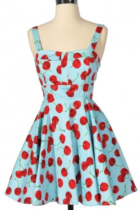 Cheerful Cherry Blue Printed Fit and Flare Dress